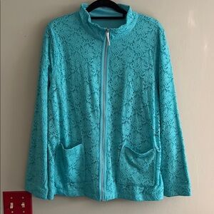 Denim & company Turquoise allover Lace Zip-Up Jacket L
